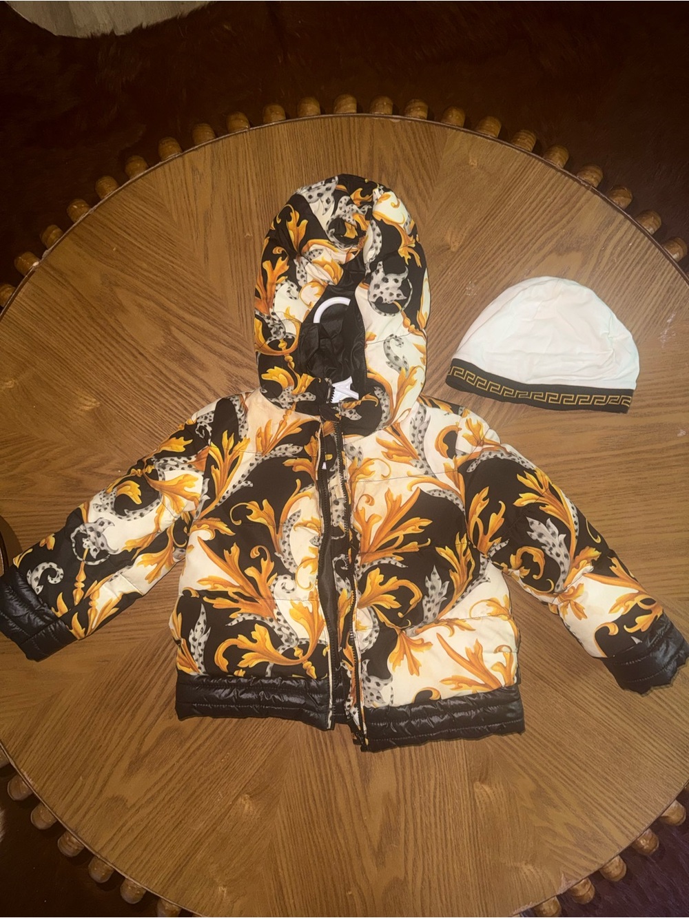 Versace Black, White & Gold Baroque Kids Puffer Jacket with Hood